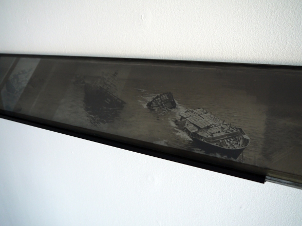 Ben Lander, Fragment (Spring 2011) (2014), oil, lacquer and gold leaf on glass, 130x1415mm $POA