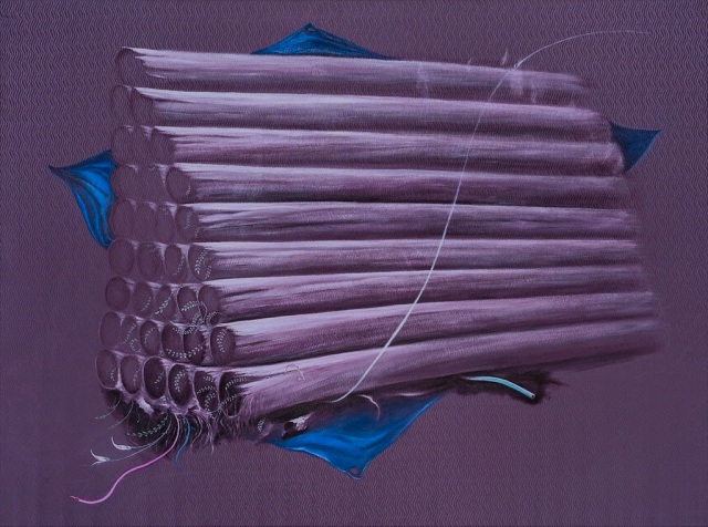 Jen Rendall, Pink Logs (2014), fabric paint, acrylic, furnishing fabric on canvas, 1400x1800mm $POA